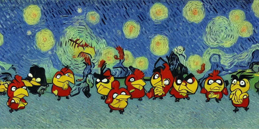 Image similar to An oil painting of the angry birds, by Van Gogh