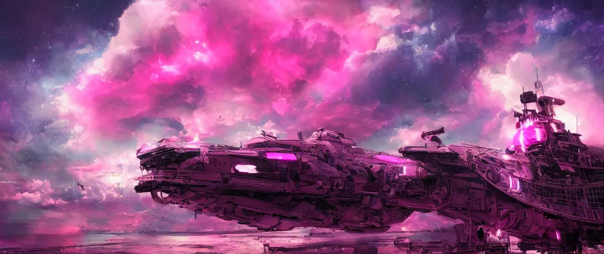 Image similar to heaven pink, portrait punk, pink mohawk, space, hyperdetailed illustration, stars, neon, oil painting, rich deep colors masterpiece, ultra detailed, contrast, clouds, volumetric light, atmospheric lighting, pirate neon ship, dramatic, cinematic, moody, octane render 4 k, 8 k