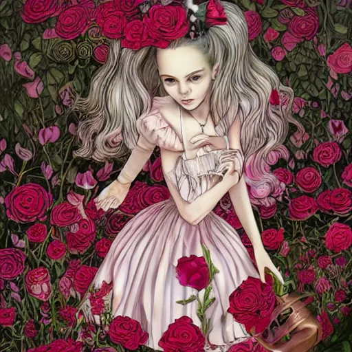 Prompt: Alice in Wonderland at the tea party, she looks like a mix of grimes, Aurora Aksnes and zoë Kravitz, sweet and innocent, surrounded by red and white roses, digital illustration, inspired by Aeon Flux and Japanese shoujo manga, hyper detailed, dreamlike, incredibly ethereal, super photorealistic, muted and pastel shades, extremely fine inking lines