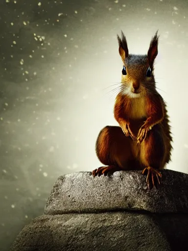 Image similar to the squirrel king, extremely plump, wearing crown of acorns and dandelions, servant squirrels, king arthur's court, game of thrones, sitting on throne, low angle, palace, fantasy art, cinematic lighting, realistic, sony 2 4 mm f 4. 0