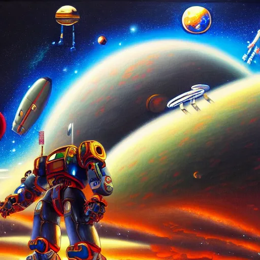 Prompt: an intricate, highly detailed oil painting of a giant anime robot with rounded and circular parts walking towards a spaceship, in the background is a spaceport with spaceships taking off and landing, by don lawrence