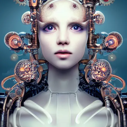 Prompt: stunning hyperdetailed upclose symmetrical portrait of 3 0 year old caucasian cyborg girl with translucent porcelain skin, lush thick hair, big electric eyes, ultra detailed ornate neon wire lacing, ultra detailed steampunk cyborg implants, complex white nano mechanical flowers, micro detail, by satoshi kon, sharp focus, trending on artstation hq, deviantart, pinterest, 8 k