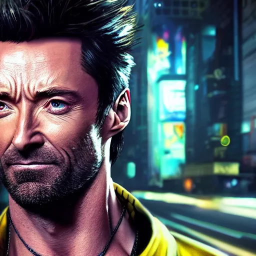 Prompt: hugh jackman portrait, cyberpunk 2 0 7 7, photorealistic, ultra detailed, neon, octane, bokeh, cinematic lighting, cyber, cyberpunk city, studio quality, feature, scars, cyberface, 8 k