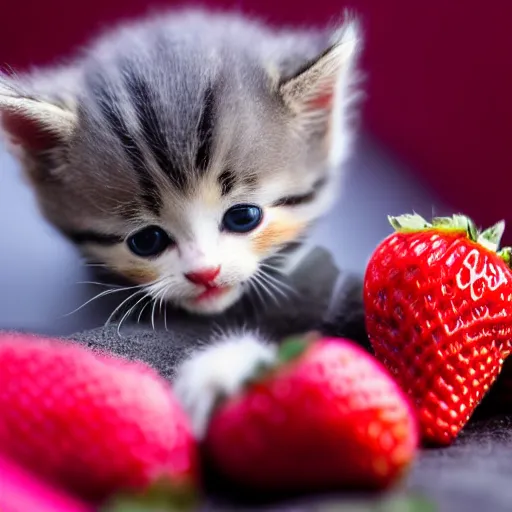 Image similar to macro shot photograph of an extremely tiny baby kitten on top of a giant strawberry