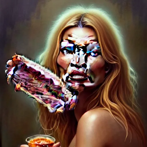 Prompt: Grotesque portrait of kate moss eating a rack of ribs slathered in bbq sauce, art nouveau, fantasy, intricate flower designs, elegant, highly detailed, sharp focus, art by Artgerm and Greg Rutkowski and WLOP