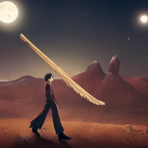 Image similar to Harry potter riding a broomstick, back view, cinematic shot, movie still, nighttime, motion lines, intense scene, movement, vivid colors, crescent moon, Tooth Wu, Asher Duran, Greg Rutkowski, Minor Blur, 8k