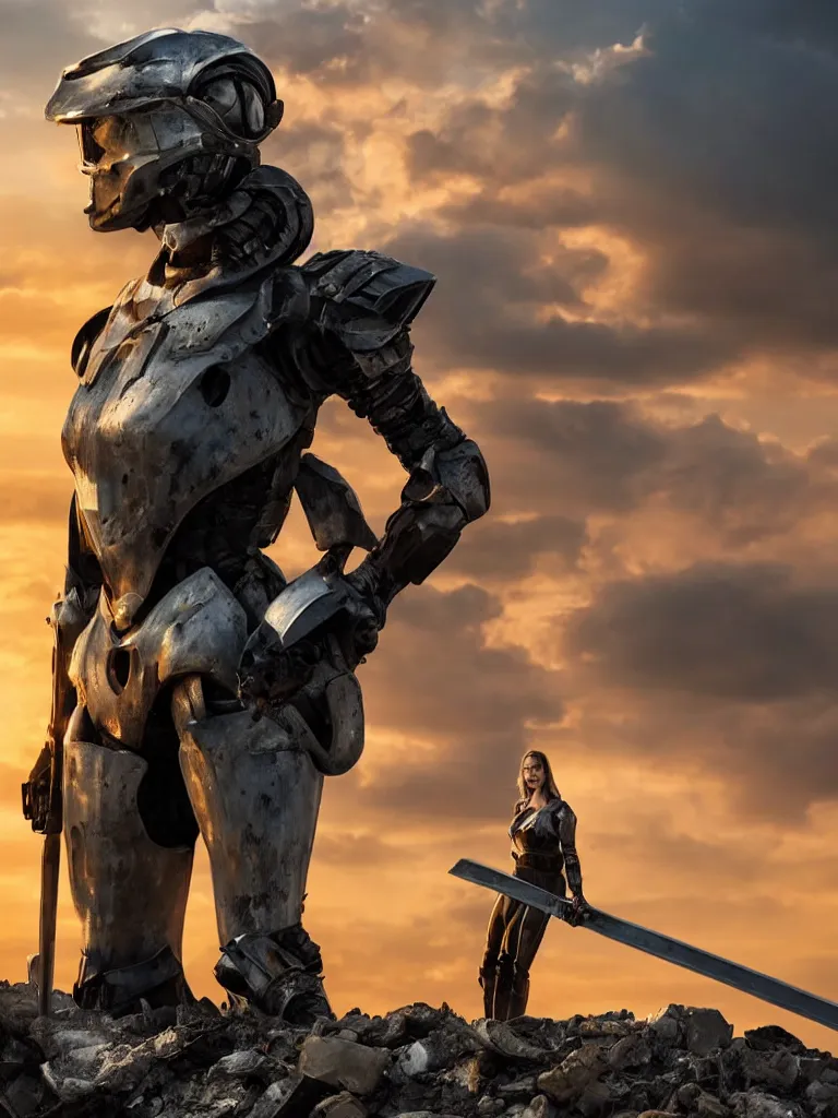 Image similar to emily blunt in futuristic power armor, close up portrait, solitary figure standing atop a pile of rubble, holding a sword on her shoulder, sunset and big clouds behind her