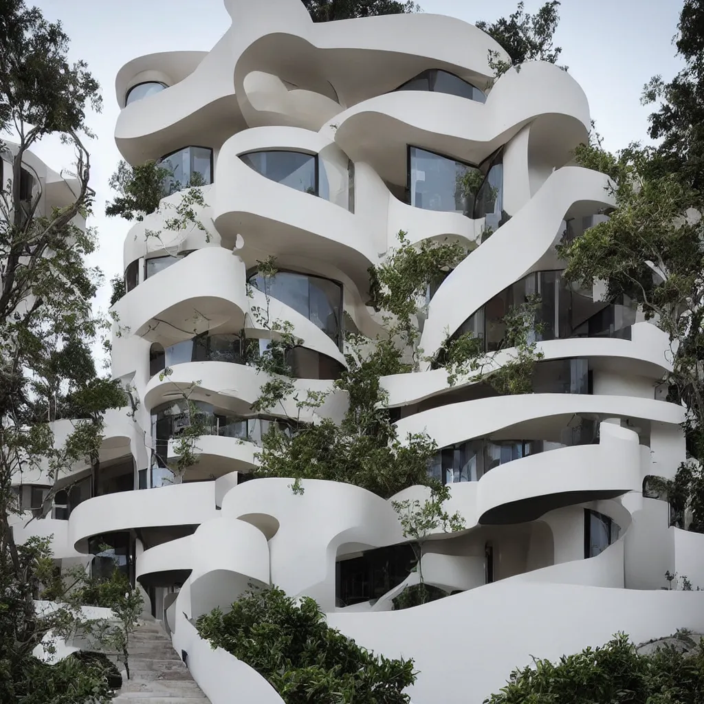 Prompt: “ a two story modern house with curve sculptural balconies, designed by famous architects online lab of architecture, house sold for 4 million dollars, featured on architecture magazines ”