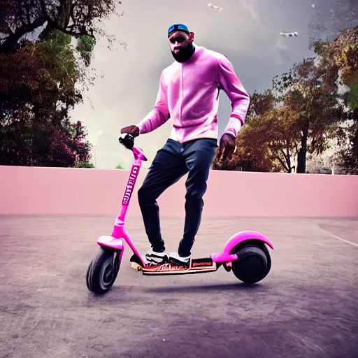 Image similar to paparazzi photo of Lebron James on a pink scooter in a skatepark, ultra high definition, professional photography, dynamic shot, smiling, high angle view, portrait, Cinematic focus, Polaroid photo, vintage, neutral colors, soft lights, foggy, by Steve Hanks, by Serov Valentin, by lisa yuskavage, by Andrei Tarkovsky 8k render, detailed, oil on canvas