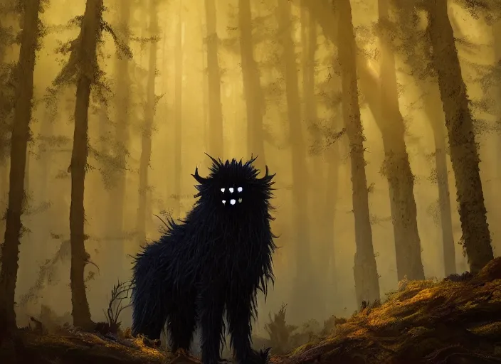 Image similar to a few orange safety cones in a beautiful strange forest, a black hairy fuzzy yakka mahasohna devil beast in a mask stands in the center distance, cinematic painting by james jean, atomspheric lighting, moody lighting, dappled light, detailed, digital art, limited color palette, wes anderson, artstation, 2 4 mm lens, surreal