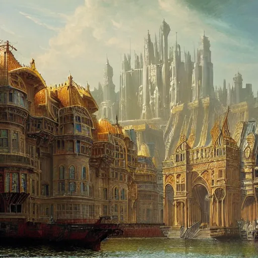 Prompt: by john howe in the usa, chiaroscuro bold. a print of a tall ship sailing through a cityscape. the ship is adorned with intricate details, while the cityscape is filled with towering palaces & other grand buildings.