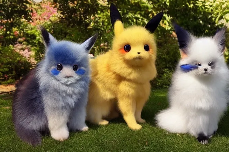 Image similar to real life pokemons, cute!!!, content!!!, mischievous!!!, adorable!!!, little furballs, fluffy!!!, ultra realistic!!!, golden hour, sharp focus