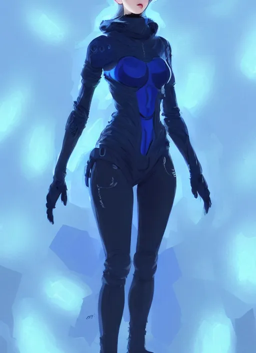 Prompt: full body portrait of blue witch within a techwear. cynical face, concept art, character illustrations, intricate, highly detailed 8 k, smooth, sharp focus, beautiful and aesthetic shape of face and body, artgerm, artstation, art by zexi guo and nira and junpei suzuki and gharliera and rinotuna