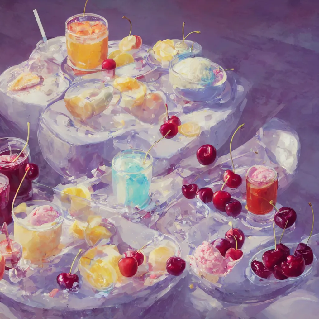 Prompt: a still life painting of cold drinks, ice cream, cherry embellishment, in the style of makoto shinkai, dreamy, soft, global illumination, radiant light, intricate environment, luminescence, highly detailed, 8 k