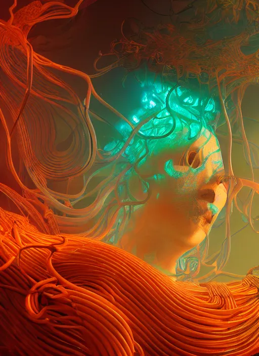 Image similar to subsurface scattering, translucent, medusa made of soft wax, cgsociety, wooden art nouveau swirls, colored smoke, gold cables, neurons, nuclear, in the style of ruan jia and beeple and giger, mystical colors, back light, rim light, dramatic lighting, 8 k, stunning scene, raytracing, octane render