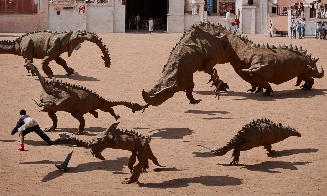 Image similar to a toreador facing off against a horned dinosaur in the plaza de toros, madrid. extreme long shot, midday sun, kodachrome