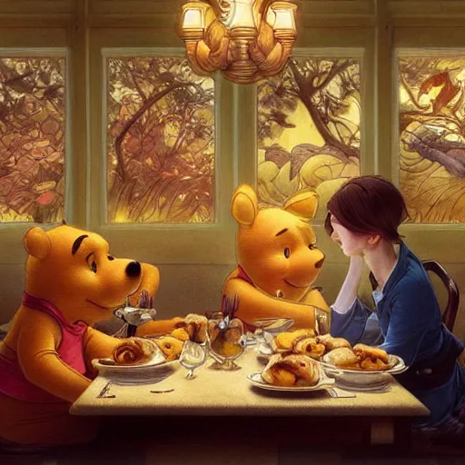 Image similar to Winnie the Pooh invites Tiger and Piglet to dine in a very fancy restaurant. Elegant, intricate, digital painting, artstation, concept art, smooth, sharp focus, illustration, art by artgerm and greg rutkowski and alphonse mucha