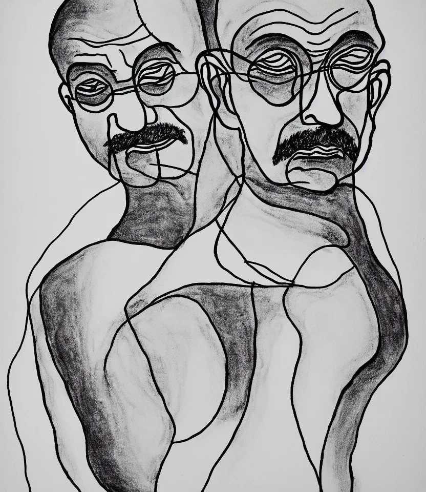 Prompt: elegant minimalist line art portrait of mahatma gandhi. inspired by egon schiele. contour lines, graphic musicality, twirls, curls and curves, strong confident personality, staring at the viewer
