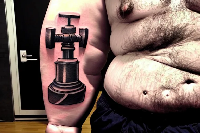 Image similar to ugly amateur tattoo of Mjölnir on a fat man's belly