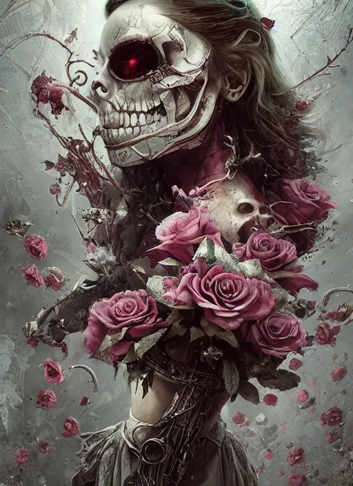 Image similar to Alice in Wonderland,roses,bullets,highly detailed,half skull face,cinematic,8k,by Stanley Artgermm,Tom Bagshaw,Greg Rutkowski,Carne Griffiths, Ayami Kojima, Beksinski, Giger,trending on DeviantArt,hyper detailed,horror, full of colour