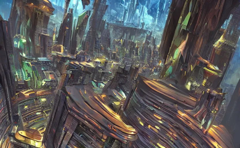 Prompt: a futuristic city on the edge of a canyon cliff, 70s sci-fi art style