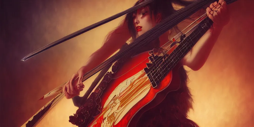 Image similar to a katana guitar by karol bak, james jean, tom bagshaw, rococo, sharp focus, trending on artstation, cinematic lighting, hyper realism, octane render, 8 k, hyper detailed, vivid, ultra detailed, highly detailed