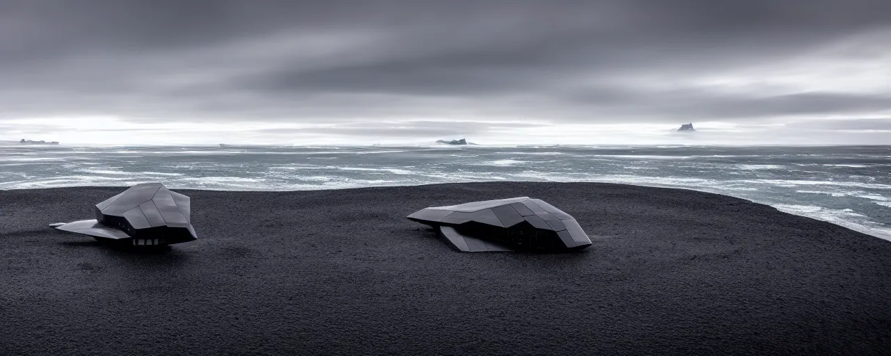 Image similar to cinematic shot of giant symmetrical futuristic military spacecraft landing on an endless black sand beach in iceland with icebergs in the distance, 2 8 mm, shockwave