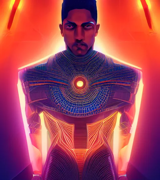 Image similar to symmetry!! egyptian prince of technology, solid cube of light, hard edges, product render retro - futuristic poster scifi, lasers and neon circuits, brown skin man egyptian prince, intricate, elegant, highly detailed, digital painting, artstation, concept art, smooth, sharp focus, illustration, dreamlike, art by artgerm