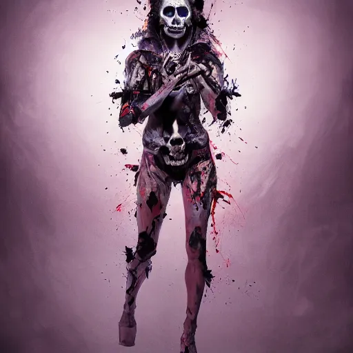 Image similar to full body pose, hyperrealistic mixed media painting of beautiful skull woman, dim volumetric lighting, 8 k, octane beautifully detailed render, extremely hyper detailed, intricate, epic composition, cinematic lighting, masterpiece, trending on artstation, very very detailed, masterpiece, stunning, hdr, smooth, sharp focus, high resolution, award, winning photo, dslr, 5 0 mm