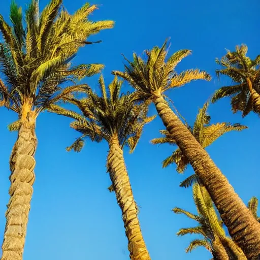 Prompt: twisted palm trees, detached trunks floating floating floating in blue sky, random positions floating, flying