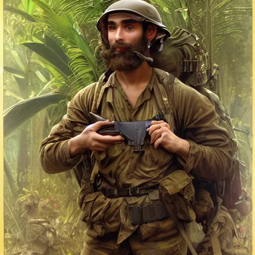 Image similar to an extremely detailed matte painting of a ridiculously good looking mimi mathy that looks like a jewish gigachad in the vietnam war, wearing a ballistic helmet from patton, long curly hair, camouflaged gear, very detailed, jungles of vietnam beautiful, intricate, cinematic, artstation, william bouguereau, alphonse mucha, greg rutkowski, stanley kubrick, octane render