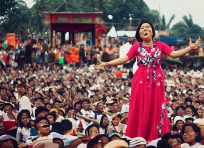 Prompt: Indonesia video clip, Color VHS footage. A woman singing on the small stage in outdoor at festival