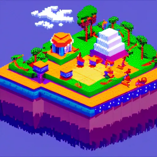 Image similar to Isometric pixel art 3D Fantasy Island, very realistic, no background, very colourful, cinematic lighting, cgi render, trending on Artstation