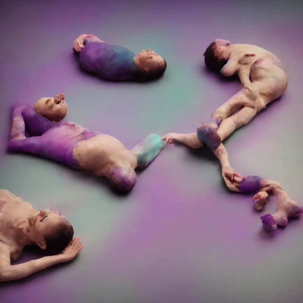 Image similar to cinestill of iridiscent oil with corpses connected by ethernet cables to wax technical forms to a buried baby relaxing on yoga mat, faded, iridiscent gradient, purple fog, depth of field, blur, very detailed, by nadav kander and hans bellmer, 8 k, ultrarealistic, sad atmosphere, cinematic, 8 5 mm lens