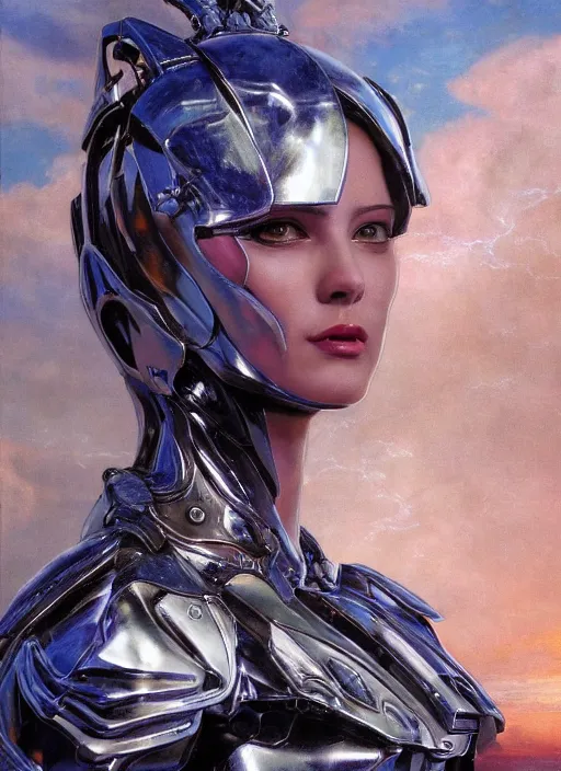 Image similar to a biblical diabolical beautiful female android, hawk, shiny hi - tech armor, dynamic pose, splashing, heavy eyes to the side, closeup, bright glowing veins, in clouds, rain, sunset, portrait, by gerald brom, by mikhail vrubel, by peter elson, muted colors, extreme detail, reflections, trending on artstation, 8 k