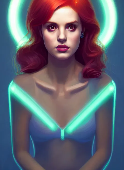 Image similar to full body portrait of teenage cheryl blossom, bangs, green eyes, mischievous expression, red hair, sultry smirk, bangs and wavy hair, intricate, elegant, glowing lights, highly detailed, digital painting, artstation, concept art, smooth, sharp focus, illustration, art by wlop, mars ravelo and greg rutkowski