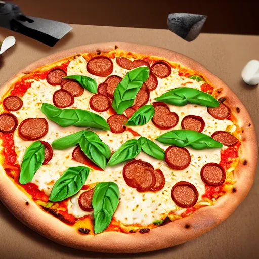 Image similar to A pizza with knives as toppings, realistic, ultra high detail, 8k, close up.