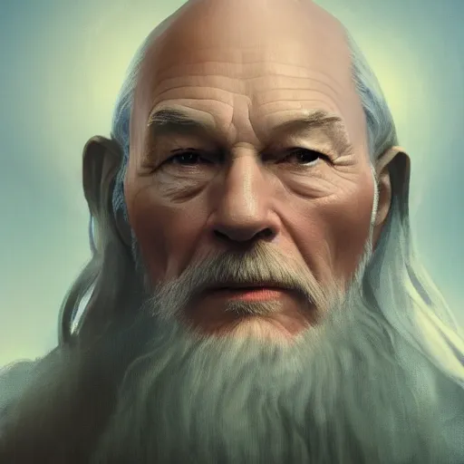 Prompt: patrick stewart as gandalf by leonardo divinci, greg rutkowski, alphonse mucha, mystical cosmic lighting, octane render, artstation, rey tracing, golden ratio, rule of thirds, perfect composition