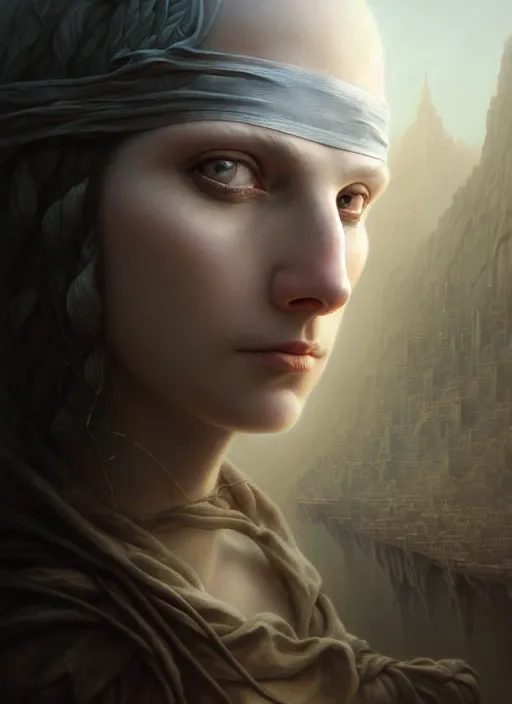 Prompt: closeup portrait shot of a pale woman with blindfold in a scenic dystopian environment, intricate, elegant, highly detailed, centered, digital painting, artstation, concept art, smooth, sharp focus, illustration, artgerm, tomasz alen kopera, peter mohrbacher, donato giancola, joseph christian leyendecker, wlop, boris vallejo