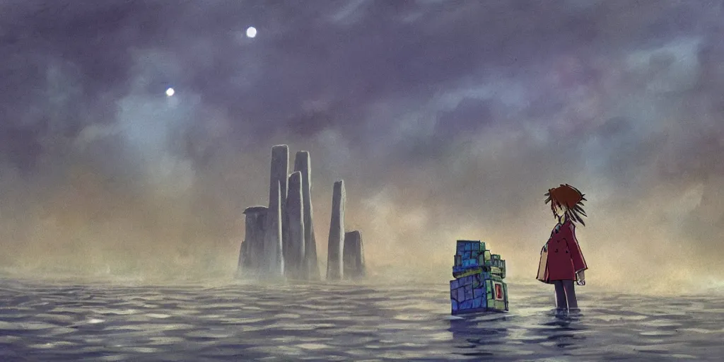 Image similar to a realistic and atmospheric cell - shaded concept art from howl's moving castle ( 2 0 0 4 ) of a multi - colored cube from close encounters of the third kind ( 1 9 7 7 ) over a flooded stonehenge. it is a misty starry night. very dull colors, hd, 4 k, hq