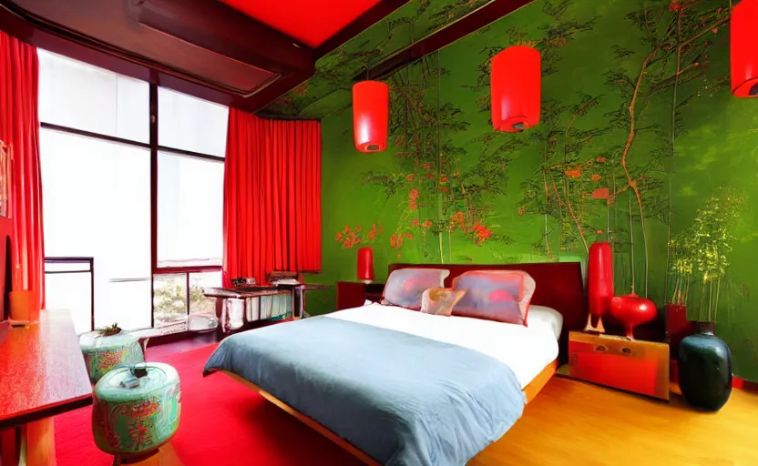 Image similar to a retro futuristic bedroom, chinese style, bright, feng shui, earth colors, wood, plants, cupboards, bed, curtains, minimalistic, art nouveau