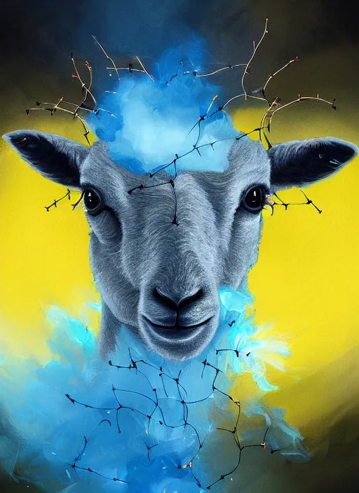 Prompt: a painting of a lamb's face with blue and yellow smoke coming out of, wearing a crown of thorns, a digital painting by petros afshar, behance contest winner, digital art, behance hd, digital illustration, digital painting