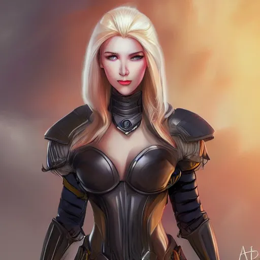Prompt: a d & d portrait of beautiful armored woman, blonde hair, rpg character, gloomy colors, by artgerm