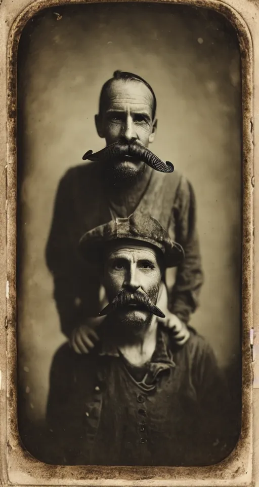 Image similar to a wet plate photograph, a portrait of a lone cobbler with a handlebar mustache