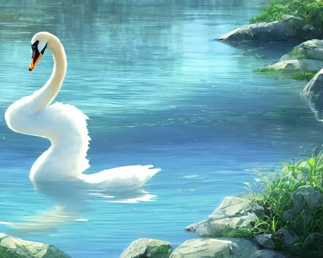 Prompt: a swan swimming in a river, ripples, reflections, blue water. Shady, trees bent over river, rocky shores. Anime, By Makoto Shinkai, Stanley Artgerm Lau, WLOP, Rossdraws, James Jean, Andrei Riabovitchev, Marc Simonetti, krenz cushart, Sakimichan, trending on ArtStation, digital art.