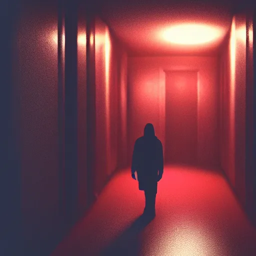 Image similar to photograph of an extremely dark narrow hallway with glowing humanoid cryptid with television static, dark deep black shadows, red and black color contrast in the style of trevor henderson, liminal space, 3 d octane render, glitch effect