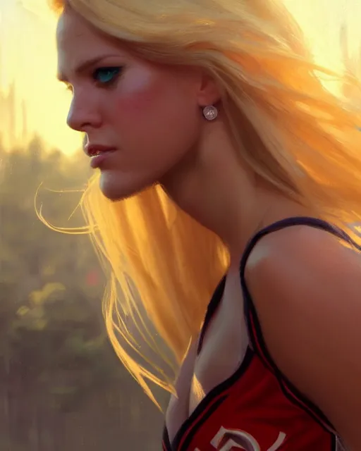 Image similar to epic portrait cinematic shot an cheerleader taunting, stadium backround, shiny skin, flowing blonde hair, fine details. night setting. realistic shaded lighting poster by craig mullism, artgerm, jeremy lipkin and michael garmash, unreal engine, radiant light, detailed and intricate environment, digital art, trending on art station,