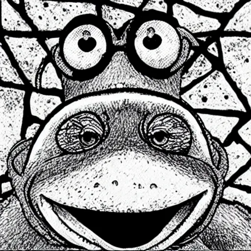 Image similar to “Kermit the Frog in The Enigma of Amigara Fault by Junji Ito”