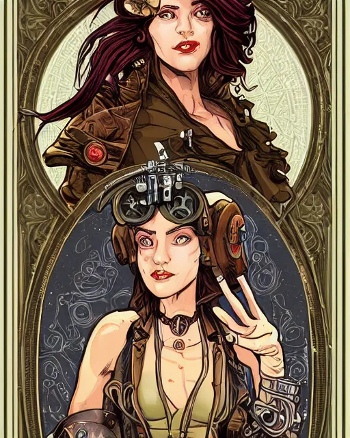 Image similar to a detailed portrait illustration of a steampunk mechanic - wizard. beautiful female face. art nouveau, pop art, comic book style. influenced by neil gaiman, h. p. lovecraft, dan mumford, brian froud, vadim voitekhovitch, killian eng, ross tran.