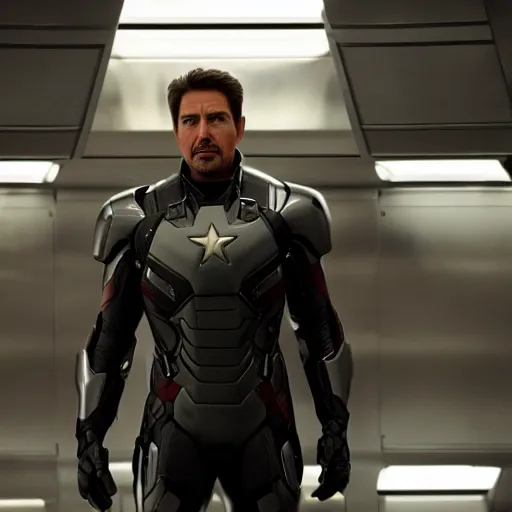 Prompt: cinematic film still of Tom Cruise as Tony Stark wearing his armour without the helmet